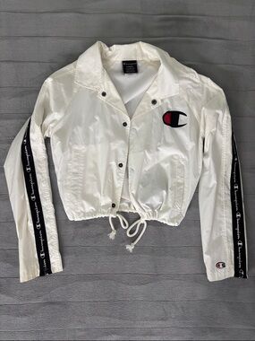 Champion White Cropped Coach Jacket with Black Trim & Red Logo